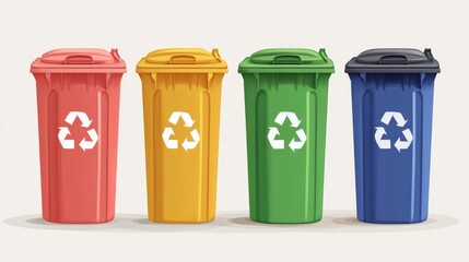 Waste bins. Flat recycling containers, bin sorting trashes. Recyclable glass paper plastic. Types baskets and garbage illustration