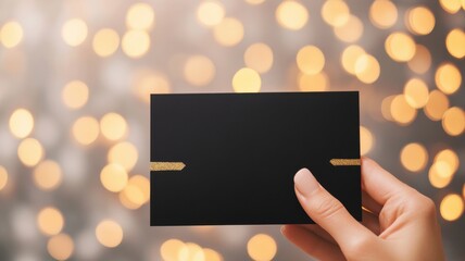 Obraz premium Elegant black card held against a blurred golden bokeh background.