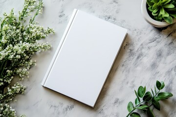 Blank white book cover mockup on a light marble surface with greenery