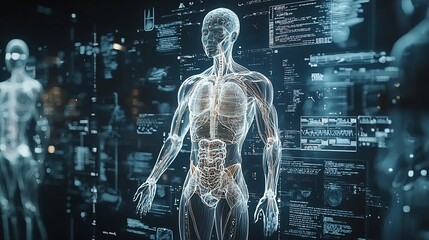 Highly Detailed and Interconnected Holographic Representation of the Human Body Systems Showcased in a Cutting Edge Futuristic Digital Environment