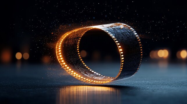 Glowing film reel on dark background.