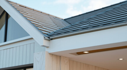 Fototapeta premium Residential Roof Detail: Brown Shingles and Gray Tiles