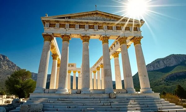 The Temple of Apollo, with white marble columns glowing under a radiant blue sky.