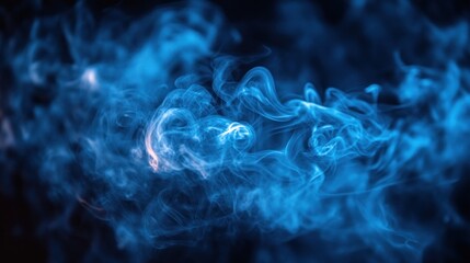 Abstract blue smoke swirls on black background.