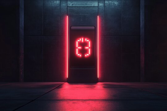 Futuristic Digital Countdown Timer Glowing in Dark Room with Neon Red Accents, Creating an Atmosphere of Anticipation and Mystery - Powered by Adobe