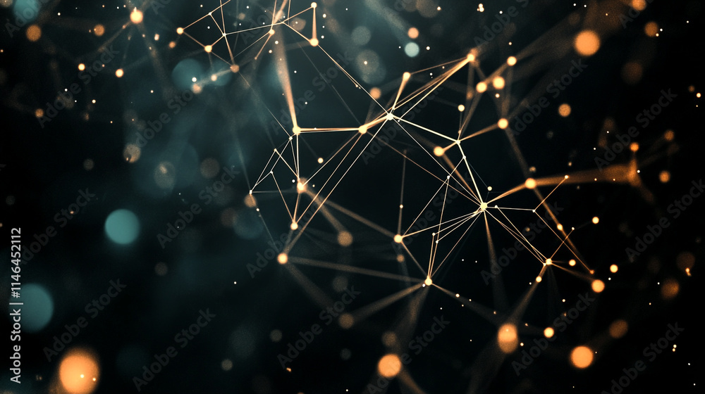 Poster abstract network design with glowing nodes on a dark background.