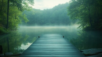 Serene lakeside retreat with wooden dock surrounded by misty trees at dawn