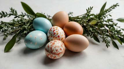 Fototapeta premium various sizes of Easter eggs with foliage Eggcellent Easter Nest. A nest crafted from twigs, moss, and feathers, adorned with speckled eggs of different sizes white background,
