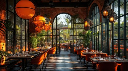 Sunlit restaurant interior with orange chairs, large windows, and tropical plants.