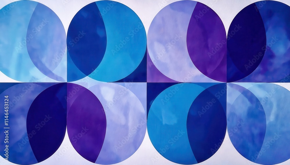 Poster vibrant geometric art with overlapping blue and purple circular patterns reflecting modern abstract 