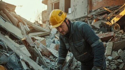 A focused rescue worker in a helmet diligently clears building debris.