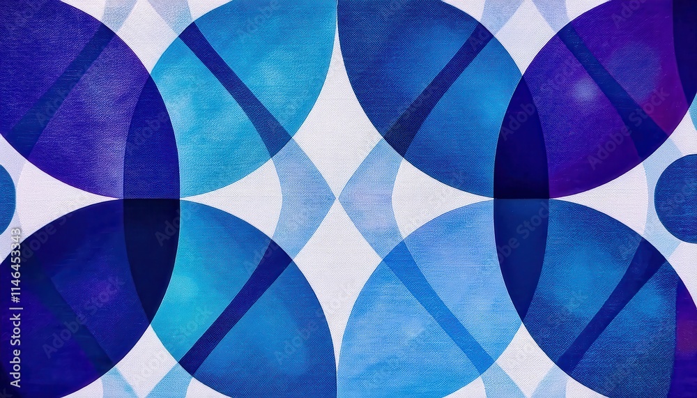 Poster vibrant geometric art with overlapping blue and purple circular patterns reflecting modern abstract 