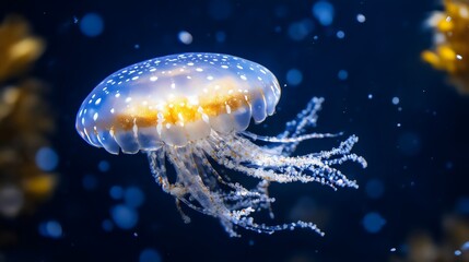Elegant Jellyfish Gliding Through Vibrant Deep Ocean Waters Ethereal Bioluminescence Swimming Graceful Tentacles