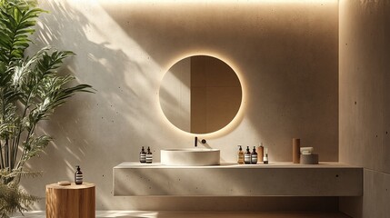 Modern minimalist bathroom with concrete sink, round backlit mirror, and tropical plant.