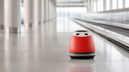Conveyor belt airport automation system. A small, red robot navigates a modern, spacious corridor, showcasing advancements in technology and automation in public spaces.