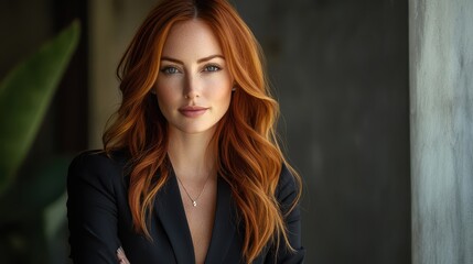 Fototapeta premium Successful businesswoman poses confidently in a modern office environment