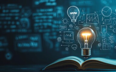 Education learning concept with innovative technology, science, and mathematics in a classroom, featuring a graduation cap with a lightbulb on a book and learning icons - obrazy, fototapety, plakaty