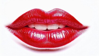 Obraz premium Close-up of vibrant glossy red lips with detailed texture, sharp focus on white teeth and lip lines, perfect for beauty, cosmetics, makeup promotion, sensuality, or artistic poster design