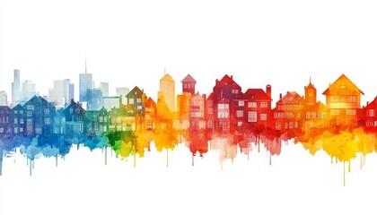 A colorful watercolor skyline featuring various architectural styles, showcasing vibrant hues that blend seamlessly.