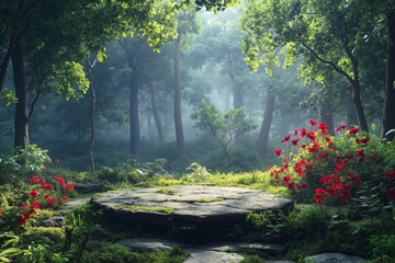 A stone path in the middle of a lush green forest surrounded by trees and flowers