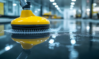 Fototapeta premium A close-up of a yellow floor scrubber cleaning a shiny surface in a modern environment.