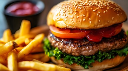 Juicy Hamburger With Fresh Lettuce Tomato Ketchup Crispy Golden Fries Delicious Meals Gourmet Fast Food