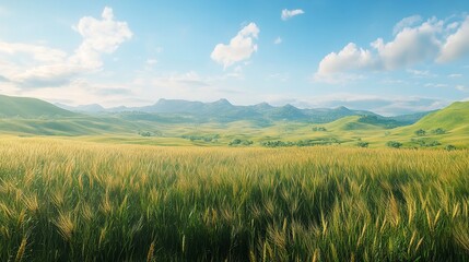 Obraz premium Big Panoramic View of Landscape of Wheat Field at Early Sunrise