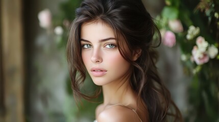 Fototapeta premium Beautiful girl with long hair posing gracefully in a floral backdrop during daylight