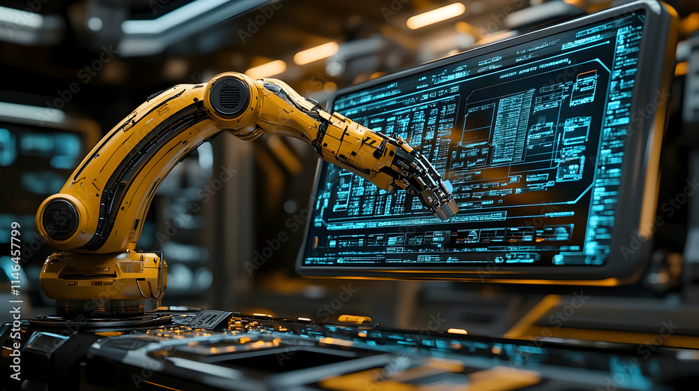 Poster a robotic arm interacts with a high-tech interface in a futuristic workspace.