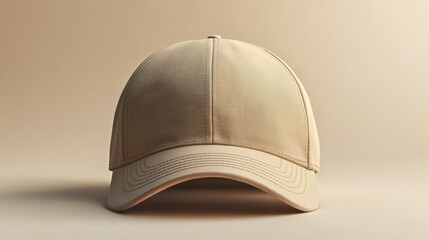 Beige baseball cap displayed with a minimalistic background and natural lighting effects