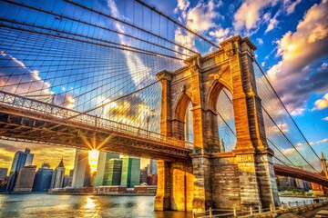 Fototapeta premium Brooklyn Bridge Sunny Day Photo, NYC Landmark, Cable-Stayed Bridge, Suspension Bridge, New York City Images, 1883 Architecture, Iconic Bridge, High-Resolution Image