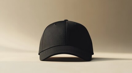 Photorealistic black baseball cap displayed in frontal view on a light background