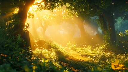 The forest is bathed in warm golden light as sunbeams filter through the trees, creating a dance of shadows and highlights on the vibrant greenery below 