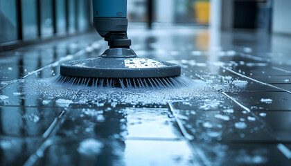 A cleaning machine scrubbing a wet floor, creating foam and reflecting light.