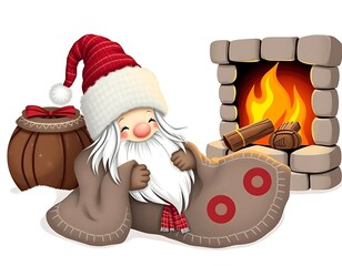 Charming cartoon Gnom character joyfully relaxing by a crackling warm stone fireplace with a festive gift sack overflowing with presents creating a cozy whimsical Christmas holiday atmosphere