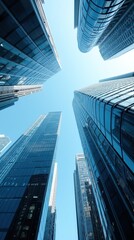 Upward View of Modern Skyscrapers with Glass Facades and Blue Sky