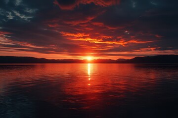 Fototapeta premium Sunset over calm lake reflecting vibrant colors in the evening sky