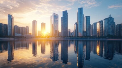 Obraz premium City skyline at sunset reflecting on water, showcasing modern architecture and urban beauty.