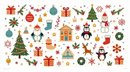 Colorful Flat-Lay Illustration of Christmas-Themed Decorations and Festive Icons