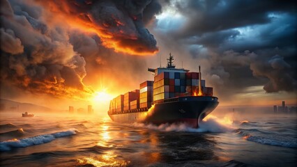 Burning Container Ship, Foggy Dusk, Maritime Disaster, Ocean Fire, Shipping Accident