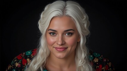 Naklejka premium Radiant young woman with a warm smile wearing a colorful floral blouse against a dark background