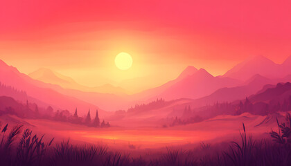 Obraz premium Serene Sunset Over Silhouetted Mountains and Valley