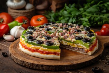Delicious veggie pizza with olives, peppers, and ham on a rustic wooden board, a slice removed.