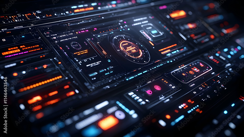 Poster futuristic user interface displaying data and controls with vibrant colors.