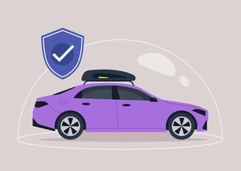 A vibrant purple sedan sits under a protective dome, symbolizing comprehensive insurance coverage, offering safety and security for all road trips and daily commutes