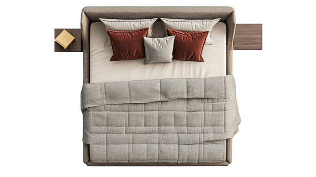 Empty double bed top view isolated on white transparent background