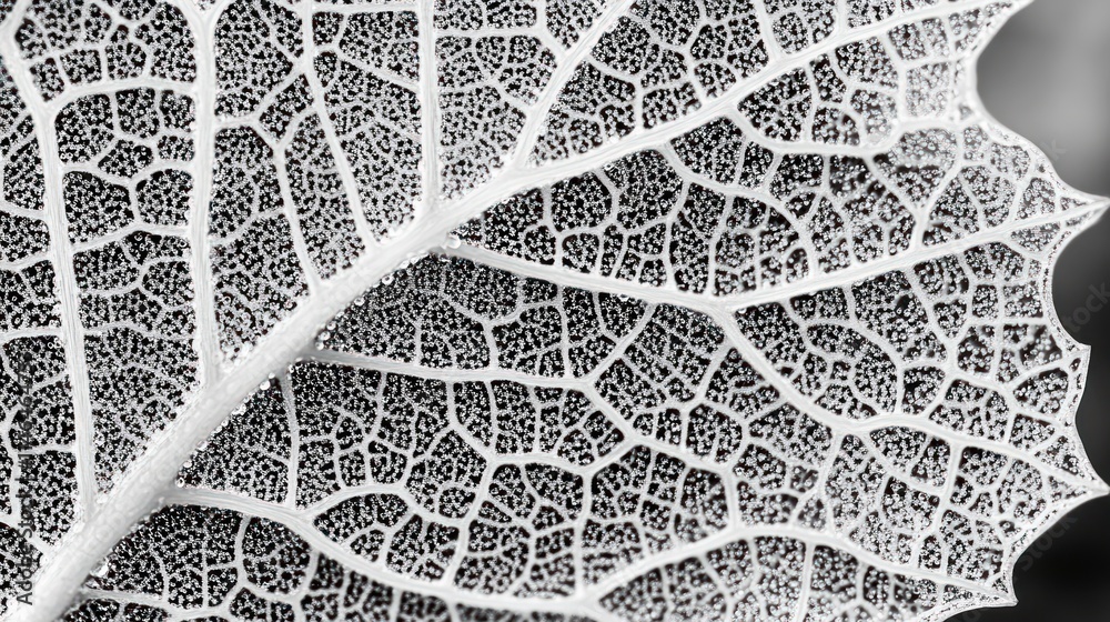 Aufkleber close-up of a leaf showcasing intricate vein patterns in black and white.
