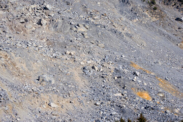 Scenic view of rockfall above Swiss mountain village of Brienz Brinzauls in the Swiss Alps on a sunny autumn day. Photo taken November 15th, 2024, Brienz Brinzauls, Switzerland.