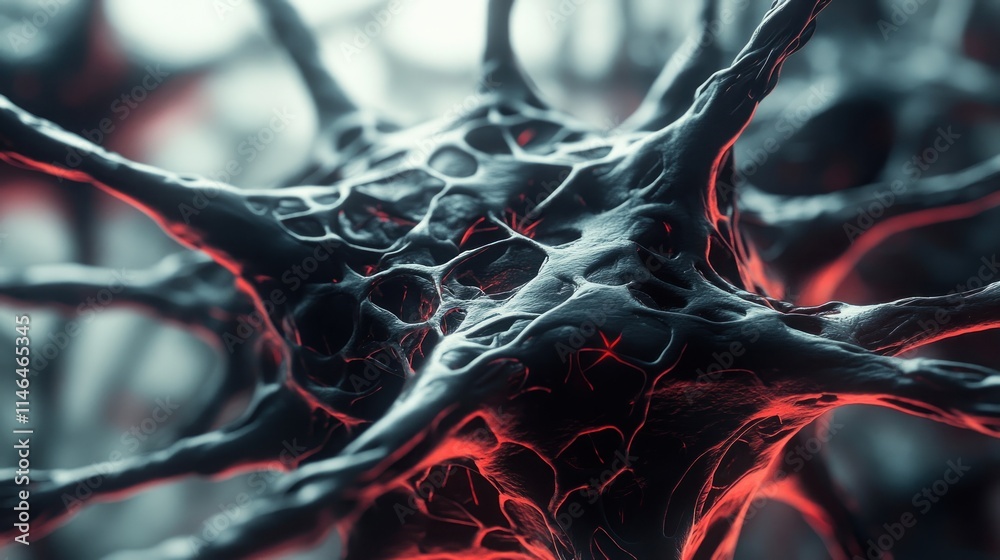 Leinwandbilder Close-up of a neuron with intricate structures and glowing effects, highlighting neural connections.