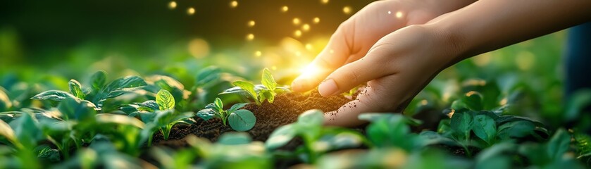 Smart farming concept with hands checking soil quality for planting, using modern technologies to control and enhance agricultural productivity and sustainability